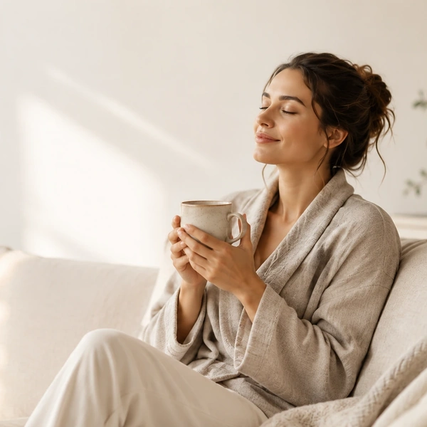 Woman enjoying tea in a calm wellness moment